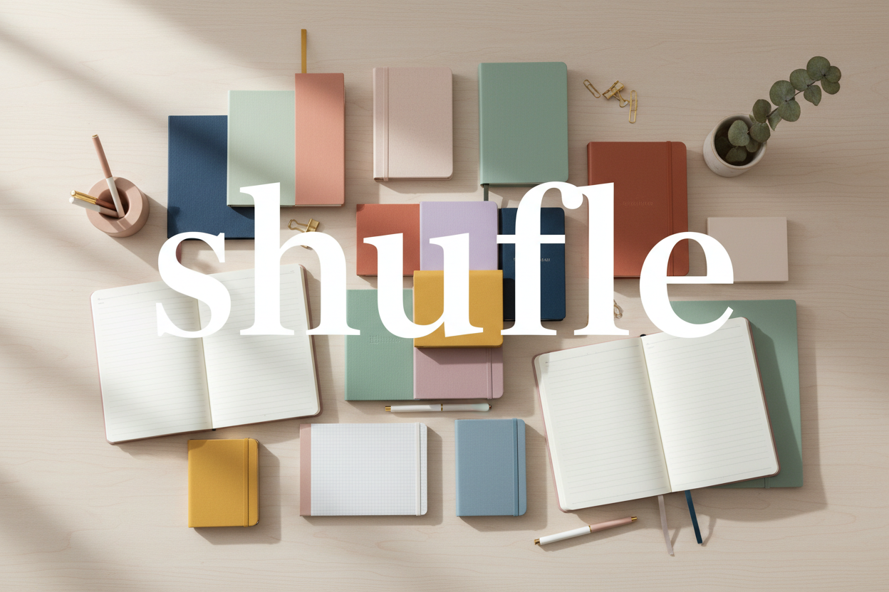 give me an very aesthetic image with colors of notebooks and planners with the brand name "shuffle" over them